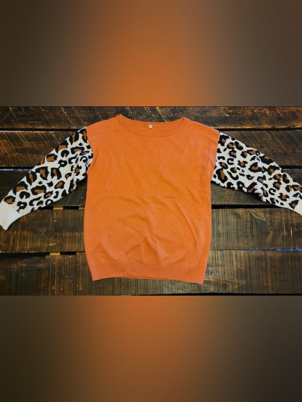 Womans Orange Sweater with Leopard Trim Size Medium